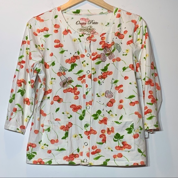 NWT Onque Petite‎ White Rhinestone Embellished Cherry Print Snap Front Cardigan - Picture 1 of 5